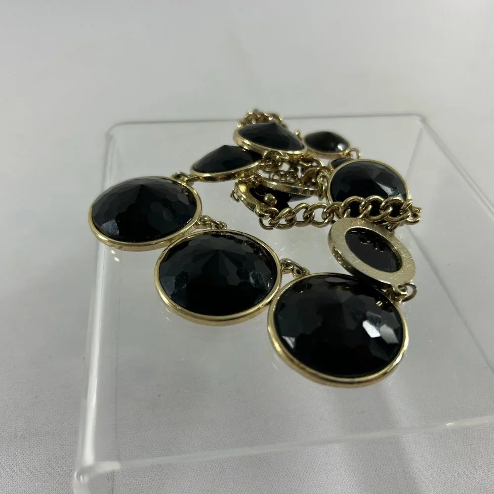 Gold Tone Necklace Black Bubble Faceted Graduated Beads 19-22